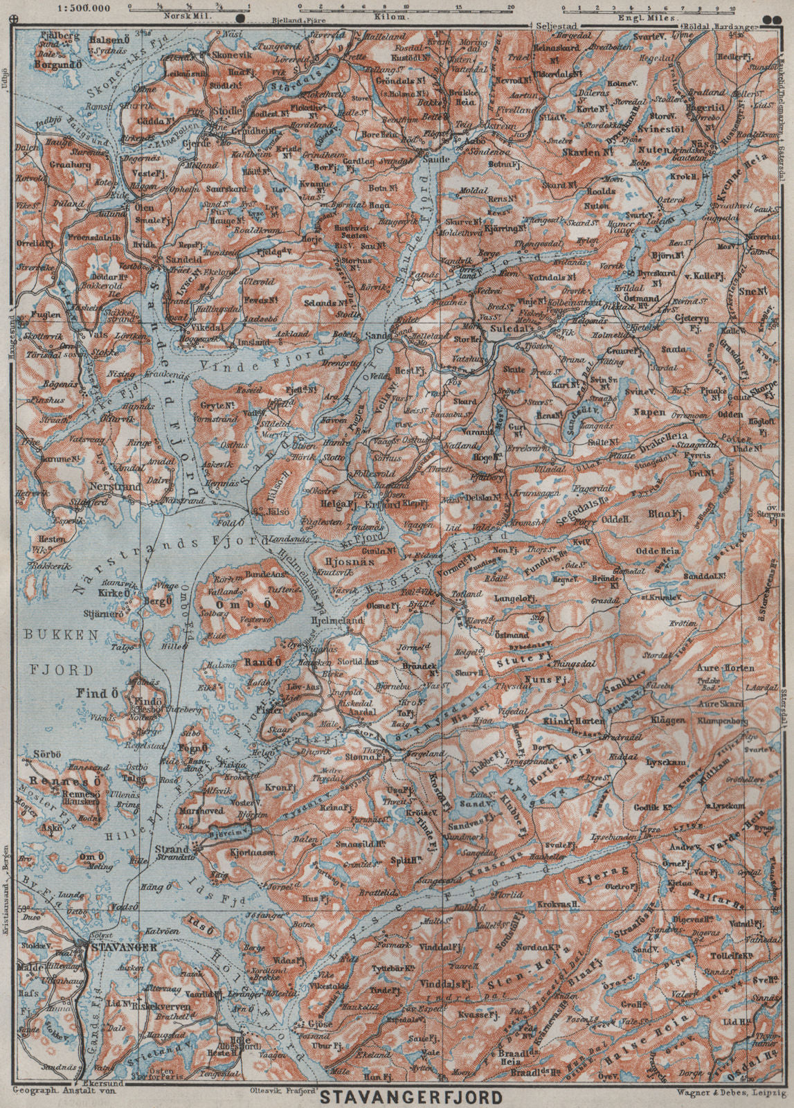STAVANGER/BOKNA FJORD topo-map. Nedstrand Tau Sauda Etne. Norway kart 1909